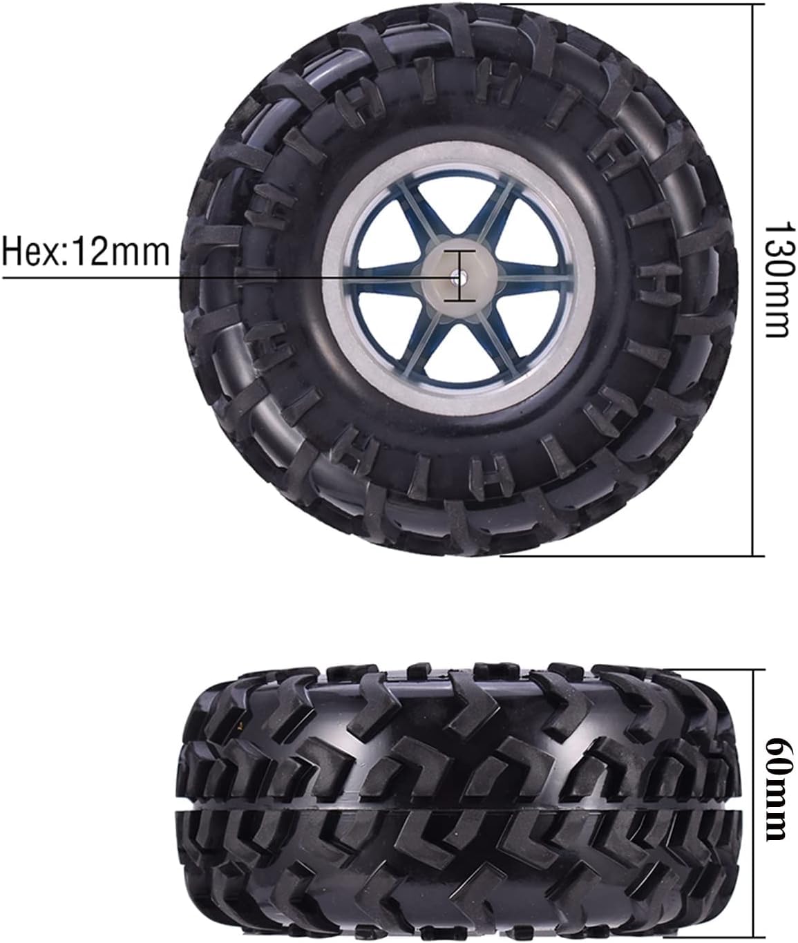 REES52 4PCS 130MM Rubber Tyres and 6 Spoke Plastic Wheel Rims
